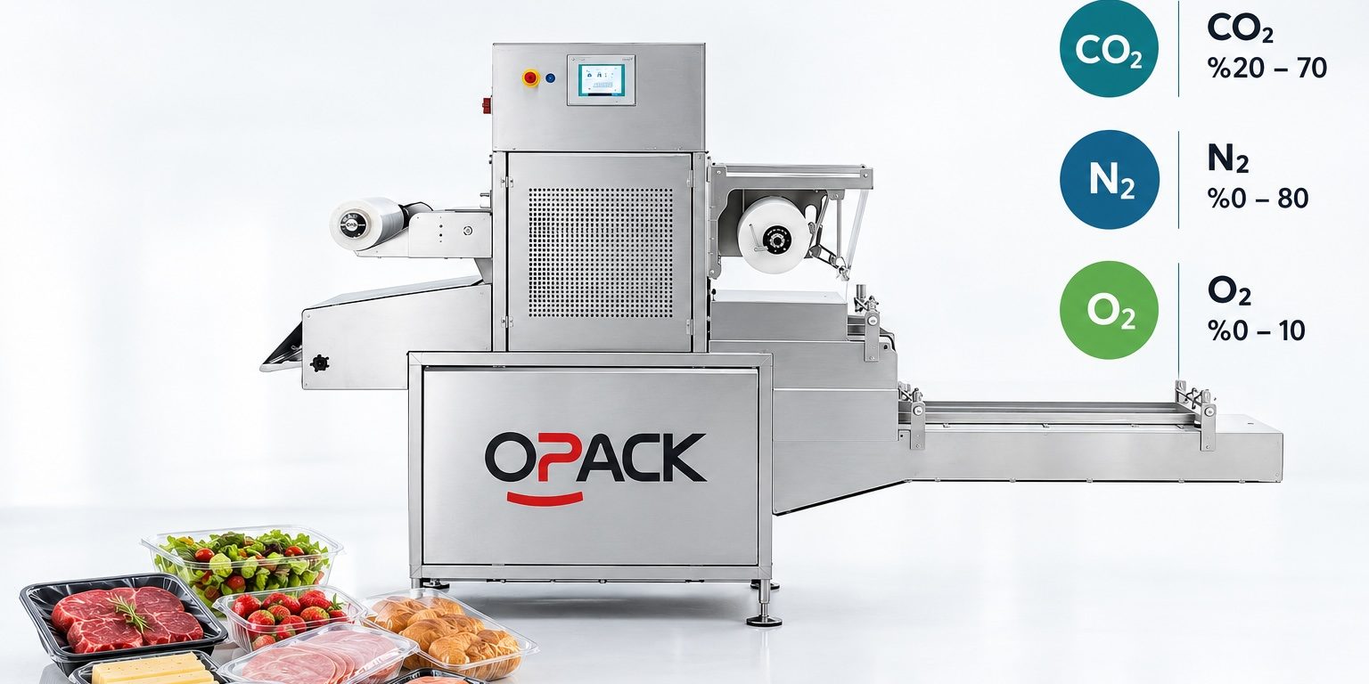 opack-industrial-packaging-showcase OPACK modifiye atmosfer paketleme makinesi ve MAP gaz karışım oranları: CO₂ %20-70, N₂ %0-80, O₂ %0-10